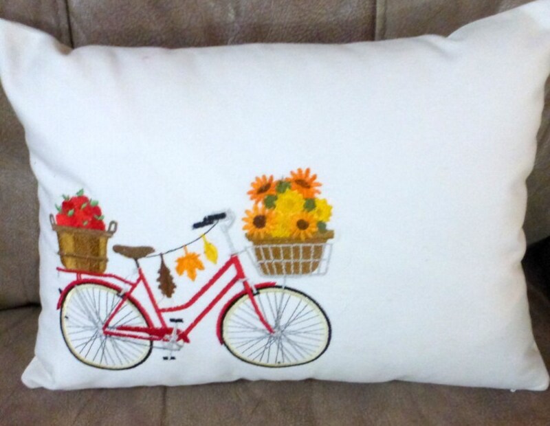 Bike Pillow cover for Fall, Embroidered bicycle pillow, seasonal bike pillow covers